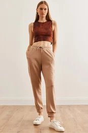 Women's Beige Elastic Waist Modal Touch Jogging Sweatpants ESF-00000072