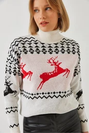 Women's Turtleneck Sweater with Deer Pattern