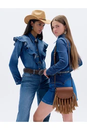 Denim Shirt Ruffle Detailed Long Sleeve Buttoned Loose Fit