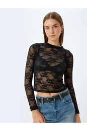 Long Sleeve Crew Neck Transparent Tulle Lace T-Shirt
