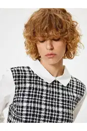 Crop Blouse Shirt Collar Tweed Detail Slim Fit