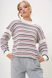 Trend Alaat Stili Women's Ecru Half Turtleneck Striped Knit Sweater