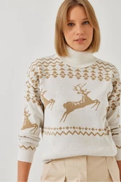 Women's Turtleneck Sweater with Deer Pattern