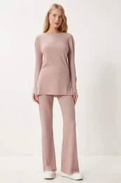 Happiness stanbul Women's Powder Comfortable Ribbed Knitted Blouse Trousers Set