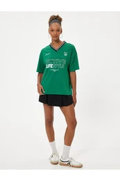 V-Neck T-Shirt Oversize College Printed Short Sleeve Piping