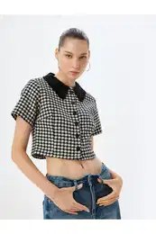 Tweed Shirt Jacket Buttoned Classic Collar Short Sleeve Slim Fit