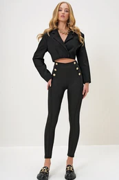 Trend Alaat Stili Women's Black Gold Color Buttoned Front Striped Leggings