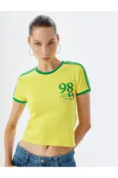 Crop T-Shirt Crew Neck Slogan Printed Piping Short Sleeve