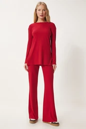 Happiness stanbul Women's Red Comfortable Ribbed Knitted Blouse Trousers Set