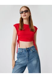 Sleeveless Crop T-Shirt with Gathered Side Ties and Crew Neck