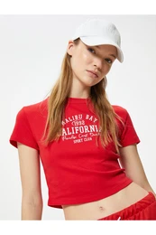 Crop T-Shirt College Printed Short Sleeve Slim Fit Crew Neck