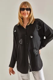 Women's Black Linen Tassel Detailed Embroidered Heart Embroidered Oversize Shirt