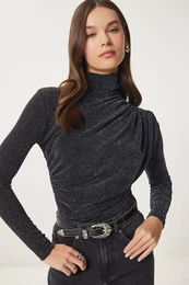 Happiness stanbul Women's Black Gray Drawstring Detail Stand Collar Sandy Blouse