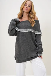 Trend Alaat Stili Women's Anthracite Madonna Collar Stripe Detail Oversize Winter Knitted Sweater