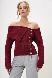 Trend Alaat Stili Women's Burgundy Madonna Collar Button Detailed Openwork Winter Knitwear Sweater