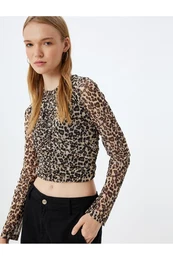 Leopard Tulle Blouse Crop Long Sleeve Crew Neck Gathered
