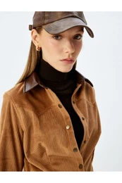 Faux Leather Collar Corduroy Snap Button Shirt