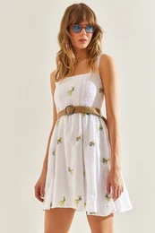 Women's Lined Thick Strap Belted Guipure Dress