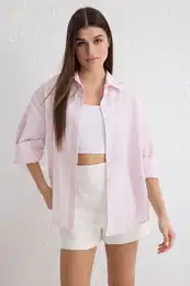 Light Pink Basic Striped Oversize Wide Pattern Woven Shirt