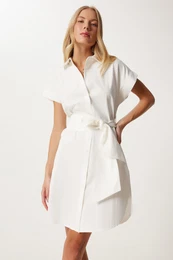 Happiness stanbul Women's Ecru Belted Poplin Shirt Dress