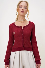 Trend Alaat Stili Women's Burgundy Crew Neck Floral Motif Seersucker Fabric Button up Blouse