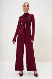 Trend Alaat Stili Women's Claret Red Stand Collar Gathered Detail Asymmetric Cut Sandy Trouser Blouse Two Piece Set