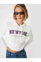 Ribbed Printed Long Sleeve Slim Fit College Hooded T-Shirt