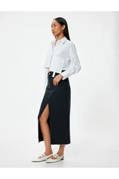 High Waist Buttoned Slit Detail Midi Denim Skirt