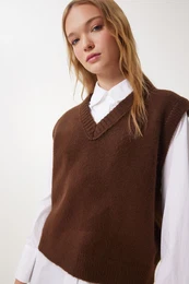Happiness stanbul Women's Brown V Neck Knitted Sweater