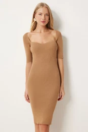 Happiness stanbul Women's Biscuit Heart Neck Ribbed Wrap Mini Knit Dress