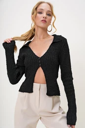 Trend Alaat Stili Women's Black Polo Neck 3-Button Open Front Knitwear Blouse