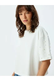 Three Thread Non-raising Crew Neck Pearl Embroidery Detail Short sleeve T-shirt