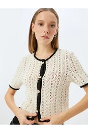 Openwork Buttoned Piping Short Sleeve Crew Neck Cardigan