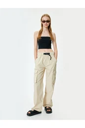 Oversize Cargo Parachute Trousers with Elastic Waist Belt and Pocket Detail
