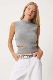 Happiness stanbul Women's Gray Cut Out Detailed Soft Knit Blouse