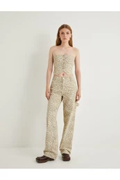 Leopard Trousers Straight Leg Standard Waist Pocket Buttoned Cotton