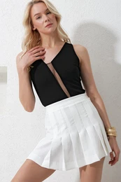 Trend Alaat Stili Women's Black V-Neck Tulle Detailed Sleeveless Knitted Crepe Knitted Blouse