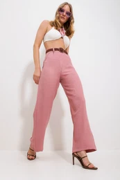 Trend Alaat Stili Women's Powder Pink High Waist Woven Trousers with Waist Belt and Side Hidden Zipper