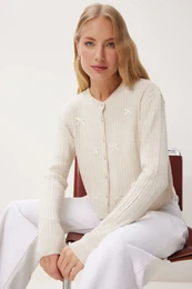 Happiness stanbul Women's Cream Bow Knitted Sweater Cardigan