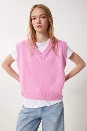 Happiness stanbul Women's Pink V Neck Knitted Sweater