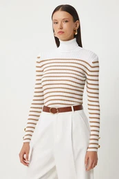 Happiness stanbul Women's Ecru Biscuit Turtleneck Striped Seasonal Knitwear Sweater