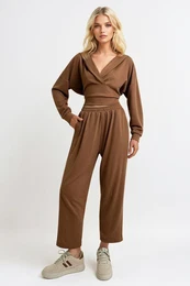 Trend Alaat Stili Women's Biscuit Hooded Double Breasted Loose Cut Seasonal Bottom and Top Set