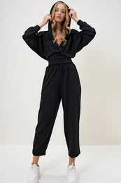 Trend Alaat Stili Women's Black Hooded Double Breasted Loose Cut Modal Bottom Top Set