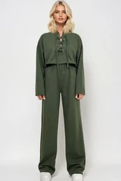 Trend Alaat Stili Women's Khaki Crew Neck Bird Eye Detailed Two Yarn Sweat and Double Pocket Trouser Set