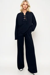 Trend Alaat Stili Women's Navy Blue Crew Neck Bird Eye Detailed Sweat and Double Pocket Pants Suit