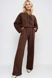 Trend Alaat Stili Women's Brown Crew Neck Eyelet Detail Sweat and Double Pocket Trouser Set