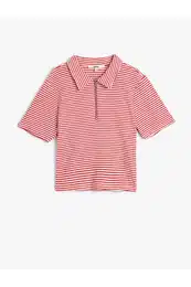 Polo Collar Crop T-Shirt Half Zipper Detail Short Sleeve Slim Fit