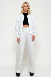 Trend Alaat Stili Women's White Crew Neck 3 Thread Raised Front Zip Sweat and Grassy Pants Suit
