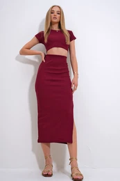 Trend Alaat Stili Women's Burgundy Crew Neck Crop Blouse and Slit Skirt Camisole Suit