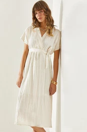 Women's Double Breasted Collar Belted Lined Linen Dress with Elastic Waist